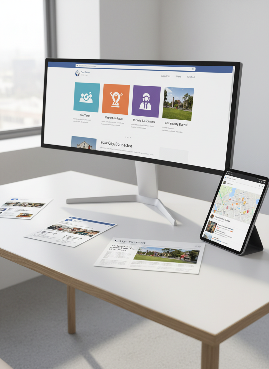 A clean, bright workspace featuring a large ultra-wide monitor displaying a redesigned municipal website homepage with clear icons, citizen-friendly language, and accessible navigation. Around the screen are printed mockups of social media posts, a folded town newsletter, and a tablet showing an interactive public service map. The desk is matte white with subtle wood accents, positioned near a window where diffused daylight softens the scene and creates gentle reflections on the screens. Captured from a three-quarter angle in realistic photographic style, with a balanced composition and slight depth of field, the atmosphere feels contemporary, transparent, and user-centered, illustrating the modernization of institutional communication tools for citizens.
