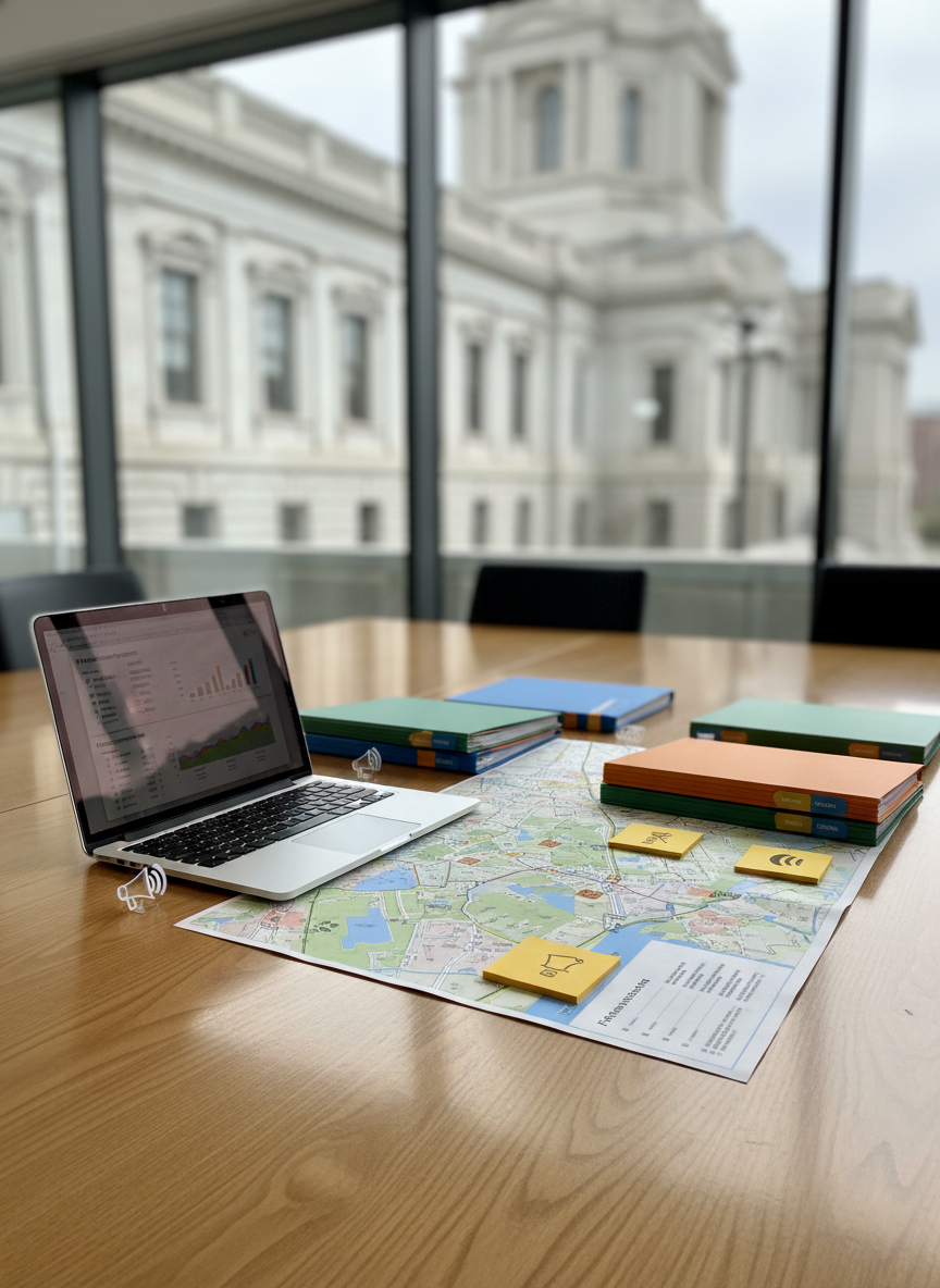 A polished oak conference table covered with neatly arranged communication strategy materials: color-coded briefing folders, a large printed map of a mid-sized town, sticky notes with clear icons, and a sleek silver laptop displaying a dashboard of public engagement metrics. The room is a bright, contemporary meeting space with glass walls and a soft-focus city hall building visible outside. Natural daylight pours in from tall windows, creating crisp reflections on the laptop screen and gentle shadows across the papers. Captured at eye level with a shallow depth of field in photographic realism, the atmosphere feels professional, organized, and purposeful, emphasizing clarity, structure, and modern public communication.