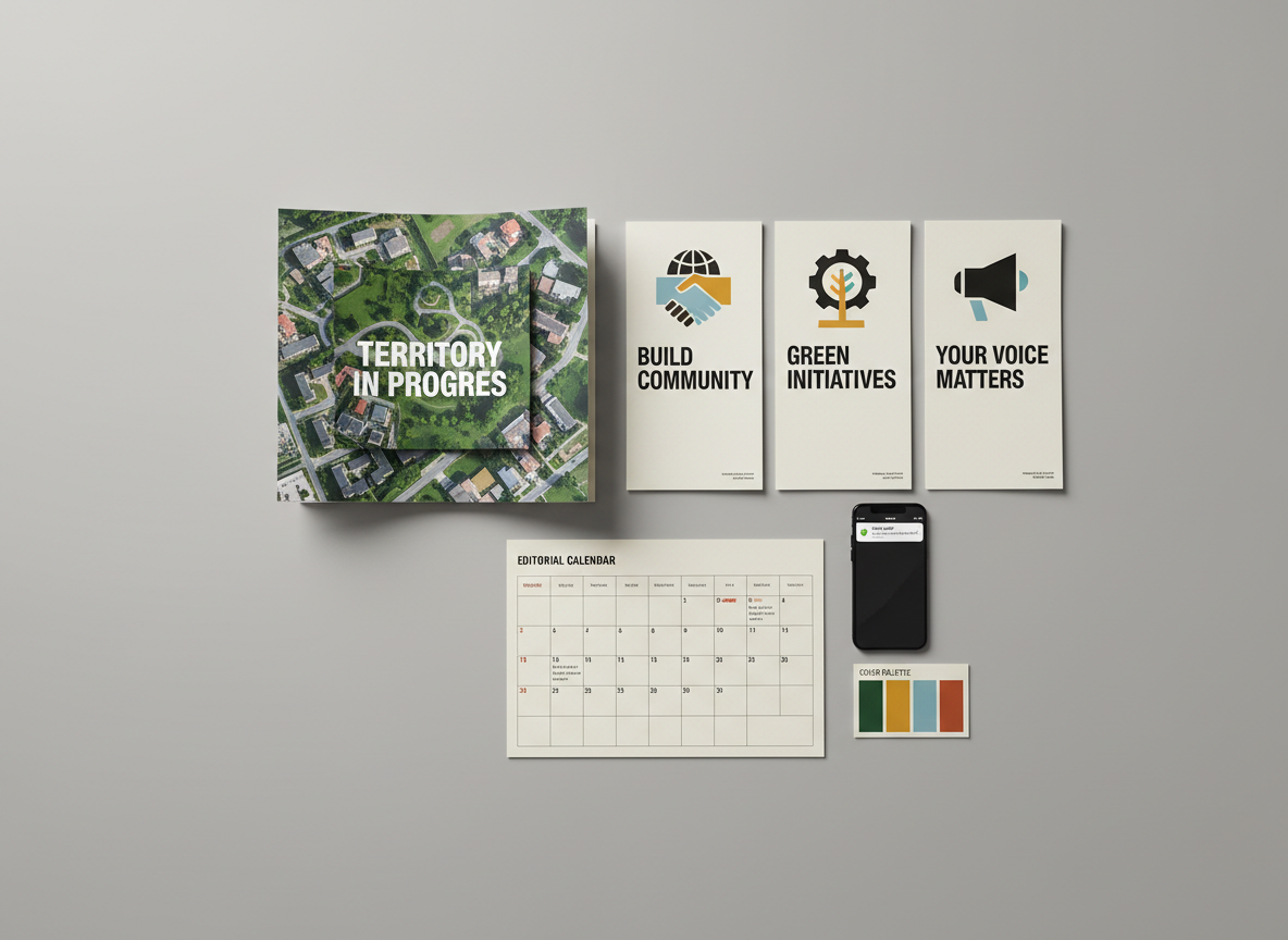 A close-up of a carefully arranged communication toolkit for a territorial project laid out on a neutral grey tabletop: a folded territorial development brochure with aerial photographs of neighborhoods, a series of minimalist posters highlighting local initiatives with bold typography, and a smartphone displaying a push notification from a civic participation app. A printed editorial calendar and a small color palette card complete the ensemble. Soft, diffused studio lighting evenly illuminates the materials, accentuating paper textures and ink colors in photographic realism. Captured from above with a flat-lay composition and sharp focus, the mood is structured, coherent, and strategic, showing how messages are coordinated across channels to reinforce citizen engagement.