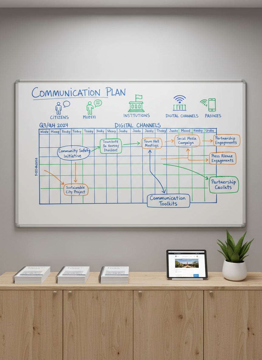 A large wall-mounted whiteboard in a modern civic office, filled with a meticulously drawn communication plan for a local territory: colored marker timelines, simple icons for citizens, institutions, and digital channels, and arrows linking key messages to concrete public actions. Below the whiteboard, a minimalist wooden credenza holds neatly stacked communication toolkits, a tablet showing a municipal website mockup, and a small plant adding a touch of green. Soft studio-style lighting illuminates the scene evenly, reducing glare and highlighting the structure of the plan. Photographed straight-on with sharp focus throughout, the mood is clear, methodical, and forward-thinking, symbolizing the structuring and modernization of public communication strategies.