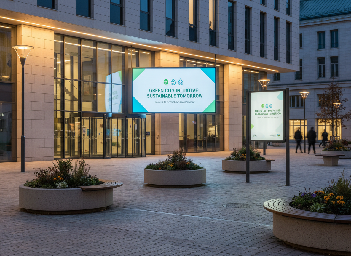 An evening exterior of a modern town hall building, its facade subtly illuminated in warm light, with a large digital screen near the entrance displaying a clear, citizen-friendly campaign about a local initiative. Nearby, elegant signage presents the same message in print with consistent visual identity: simple icons, calm blues and greens, and concise wording. Streetlights cast soft pools of light on the paved square, where planters and benches suggest a welcoming public space. Photographed at eye level in realistic style with crisp focus, the atmosphere is trustworthy and approachable, symbolizing transparent institutions communicating proactively with their communities.