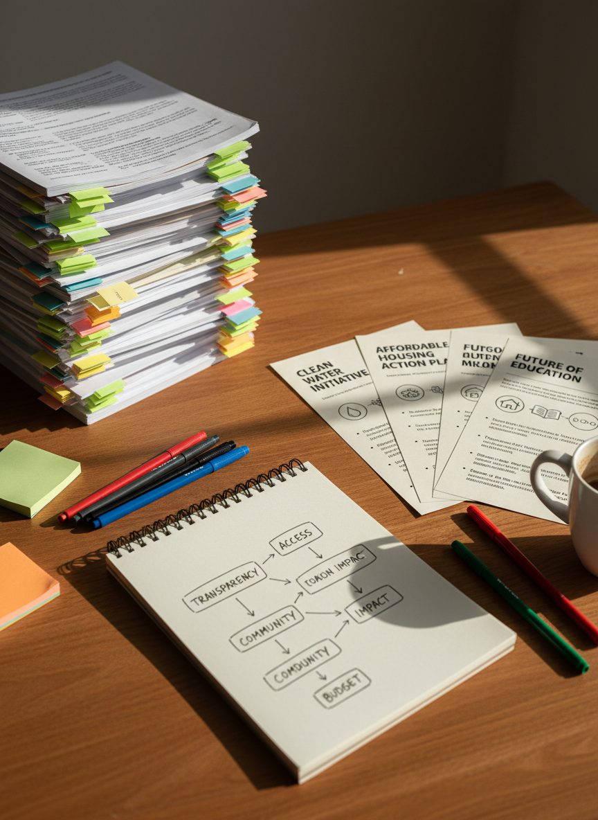 A detailed tabletop scene showing the translation of complex public policy into clear, concrete messages: on one side, a stack of dense, highlighted official reports; on the other, neatly designed one-page summaries with bold headings, simple infographics, and easily readable typography. Between them, a notepad filled with handwritten keywords and arrows connecting concepts, alongside colored pens and sticky tabs. The surface is a warm, textured wooden desk lit by soft, indirect daylight from an unseen window, creating gentle shadows and nuanced textures in photographic realism. Shot from a slightly elevated angle with moderate depth of field, the mood is focused, analytical, and reassuring, emphasizing clarity, pedagogy, and the simplification of institutional language for the public.